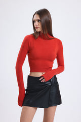 Cemine Vibrant Red Acrylic-Viscose Turtleneck Crop Top