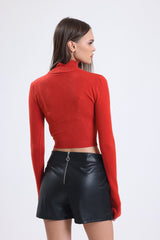 Cemine Vibrant Red Acrylic-Viscose Turtleneck Crop Top