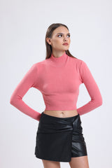 Cemine Women's Coral Pink Turtleneck Crop Sweater