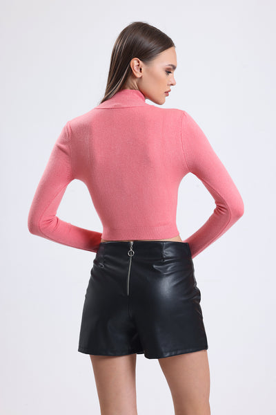 Cemine Women's Coral Pink Turtleneck Crop Sweater