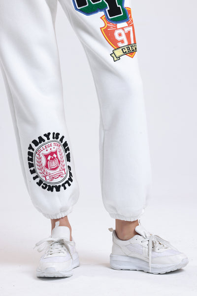 Cemine Women's Athletic-Inspired NY White Cotton Joggers