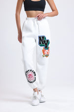 Cemine Women's Athletic-Inspired NY White Cotton Joggers