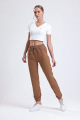 Cemine Women's Casual 100% Linen Drawstring Pants in Earthy Brown