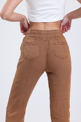 Cemine Women's Casual 100% Linen Drawstring Pants in Earthy Brown