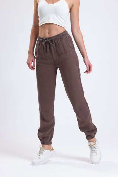 Cemine Natural Brown Linen Drawstring Pants