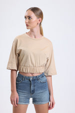 Cemine Women's Casual Beige Cropped Cotton T-Shirt with Cinched Waist