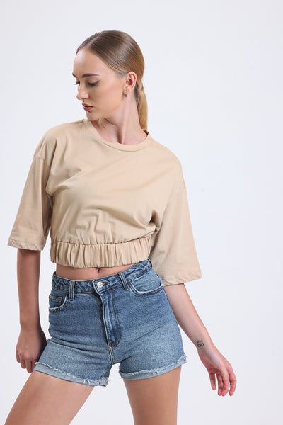 Cemine Women's Casual Beige Cropped Cotton T-Shirt with Cinched Waist