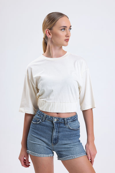 Cemine Women's Elegant Cream Cotton Crop Top with Gathered Hem