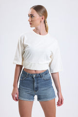 Cemine Women's Elegant Cream Cotton Crop Top with Gathered Hem