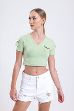 Cemine Women's Casual Sage V-Neck Crop Top with Pocket Detail