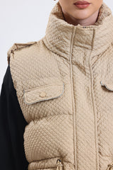 Cemine Women's Quilted Beige Polyester Vest with Embellished Pocket Detail