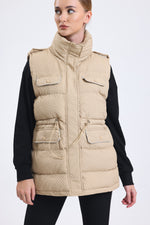 Cemine Women's Quilted Beige Polyester Vest with Embellished Pocket Detail