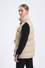 Cemine Women's Quilted Beige Polyester Vest with Embellished Pocket Detail