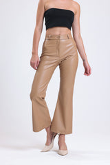 Cemine Women's Modern Taupe Faux Leather Bell Bottom Pants