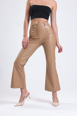 Cemine Women's Modern Taupe Faux Leather Bell Bottom Pants