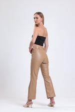 Cemine Women's Modern Taupe Faux Leather Bell Bottom Pants