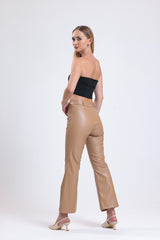 Cemine Women's Modern Taupe Faux Leather Bell Bottom Pants