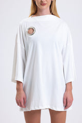 Cemine Women's Modern White Cotton Dress with Circle Cut-Out Detail