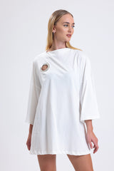 Cemine Women's Modern White Cotton Dress with Circle Cut-Out Detail