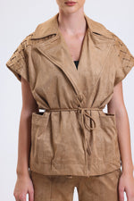 Cemine Women's Taupe Suede Vest with Braided Detail and Tie Waist