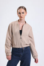 Cemine Women's Chic Beige Zip-Front Bomber Jacket with Gathered Hem