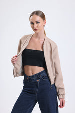 Cemine Women's Chic Beige Zip-Front Bomber Jacket with Gathered Hem