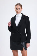 Cemine Women's Elegant Black Wool-Blend Jacket with Contrast Leather Collar