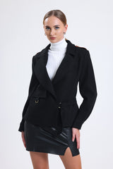 Cemine Women's Elegant Black Wool-Blend Jacket with Contrast Leather Collar