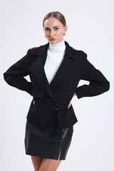 Cemine Women's Elegant Black Wool-Blend Jacket with Contrast Leather Collar