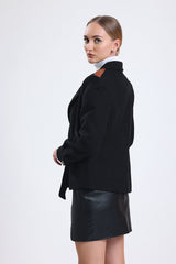 Cemine Women's Elegant Black Wool-Blend Jacket with Contrast Leather Collar