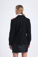 Cemine Women's Elegant Black Wool-Blend Jacket with Contrast Leather Collar